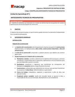 AREA CONSTRUCCIÓN       
Asignatura: PRESUPUESTO DE PARTIDAS DE OBRA 
Código: COAOPP01/G01/ANTECEDENTES TECNICOS DE PRESUPUES