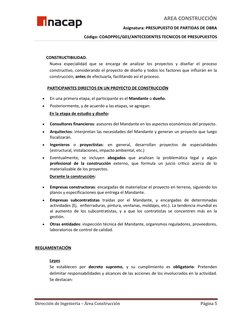 AREA CONSTRUCCIÓN       
Asignatura: PRESUPUESTO DE PARTIDAS DE OBRA 
Código: COAOPP01/G01/ANTECEDENTES TECNICOS DE PRESUPUES