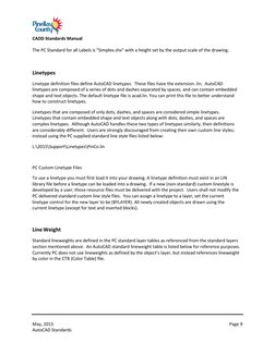 CADD Standards Manual 
May, 2015 
AutoCAD Standards 
Page 9 
 
The PC Standard for all Labels is “Simplex.shx” with a heigh