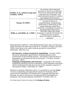 Prahbu, N. S., cited in Long and
Crookes, (1993)
“An activity which required
learners to arrive at an outcome
from given info