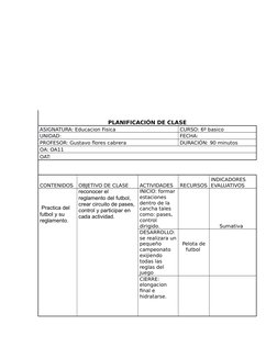 PLANIFICACIÓN DE CLASE
ASIGNATURA: Educacion Fisica 
CURSO: 6º basico
UNIDAD:
FECHA:
PROFESOR: Gustavo flores cabrera 
DURACI