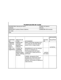 PLANIFICACIÓN DE CLASE
ASIGNATURA: Educacion Fisica 
CURSO: 6º basico
UNIDAD: 
FECHA:
PROFESOR: Gustavo Flores Cabrera 
DURAC