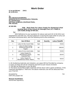 Work Order
Lt no gvr/bh/wo/      /2011