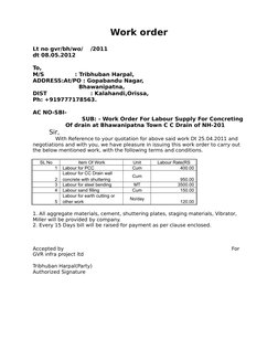 Work order
Lt no gvr/bh/wo/    /2011                                                                        
dt 08.05.2012
To
