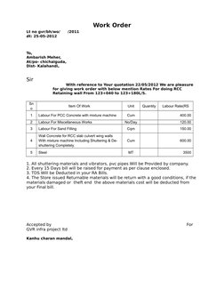 Work Order
Lt no gvr/bh/wo/      /2011