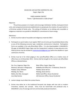 DAVAO DEL SUR ELECTRIC COOPERATIVE, INC. 
Cogon, Digos City 
 
PAROL MAKING CONTEST 
Theme: “Light Bestowed is a Gift of Hope