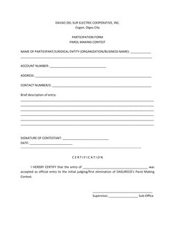 DAVAO DEL SUR ELECTRIC COOPERATIVE, INC. 
Cogon, Digos City 
 
PARTICIPATION FORM 
PAROL MAKING CONTEST 
 
NAME OF PARTICIPAN