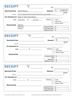 RECEIPT
Dat
e 
No.
 
Received From 
[Client Name]
Amount  $      1,234.23
Amount 
 One Thousand Two Hundred Thirty-Four and 2