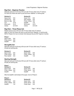 Linear Progression / Beginner Routines
Page 1 - RP,SL,SS
Reg Park – Beginner Routine
For Park 5x5 means two warm-up set and t