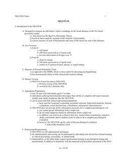 NEO-PI-R Notes
1
Rev 3/05 RG
NEO-PI-R
I. Introduction to the NEO-PI-R
A. Designed to measure an individual’s relative standin