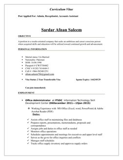 Curriculum Vitae
Post Applied For: Admin, Receptionist, Accounts Assistant
                                         
Sardar A