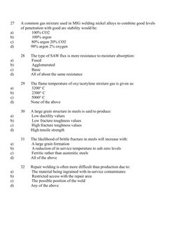 27      A common gas mixture used in MIG welding nickel alloys to combine good levels
of penetration with good arc stability