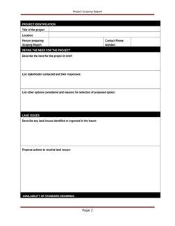 Project Scoping Report
PROJECT IDENTIFICATION
Title of the project
 
Location
Person preparing 
Scoping Report
Contact Phone