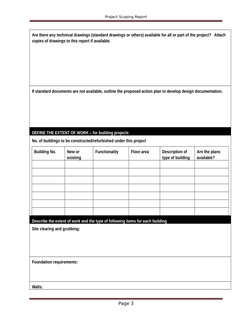 Project Scoping Report
Are there any technical drawings (standard drawings or others) available for all or part of the projec