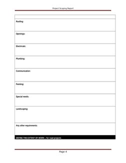 Project Scoping Report
Roofing:
Openings:
Electricals:
Plumbing:
Communication:
Painting:
Special needs:
Landscaping:
Any oth