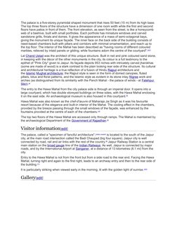 The palace is a five-storey pyramidal shaped monument that rises 50 feet (15 m) from its high base. 
The top three floors of