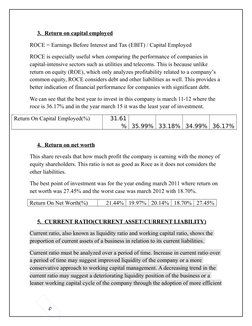 5
3.      Return on capital employed
ROCE = Earnings Before Interest and Tax (EBIT) / Capital Employed
ROCE is especially use