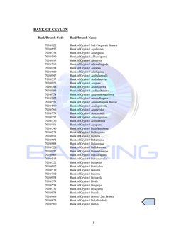 BANK OF CEYLON
Bank/Branch Code
Bank/branch Name
7010/822
Bank of Ceylon / 2nd Corporate Branch
7010/657
Bank of Ceylon / Aga