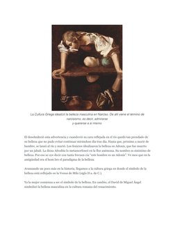 La Cultura Griega idealizó la belleza masculina en Narciso. De allí viene el término de
narcisismo, es decir, admirarse 
y