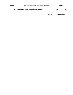 FIME
M.C. Miguel Angel Hortiales Rendón
UANL
b) Corte con arco de plasma (PAC)
A
3
Total
25 Puntos
5
