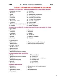 FIME
M.C. Miguel Angel Hortiales Rendón
UANL
CLASIFICACIÓN DE LOS PROCESOS DE MANUFACTURA
Procesos que cambian la forma de lo