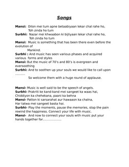 Songs
Mansi:  Dilon mei tum apne betaabiyaan lekar chal rahe ho,
              Toh zinda ho tum
Surbhi:  Nazar mei khwaabon k