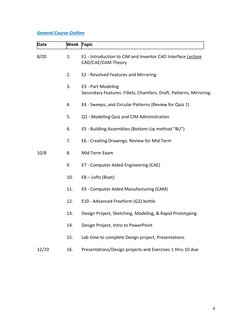 4 
General Course Outline 
 
Date 
 
Week Topic 
 
8/20 
 
1. 
E1 - Introduction to CIM and Inventor CAD Interface Lecture