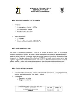 MEMORIA DE CÁLCULO PUENTE 
SOBRE EL RÍO AMOYA 
MUNICIPIO DE CHAPARRAL 
 
 
 
 
UNIVERSIDAD PEDAGÓGICA Y TECNOLÓGICA