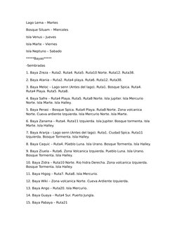Lago Lema – Martes
Bosque Siluam – Miercoles
Isla Venus – Jueves
Isla Marte – Viernes
Isla Neptuno – Sabado
*****Bayas*****
-