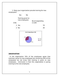1. Does your organization provide training for new 
employees?
Yes 
No
OBSERVATION
 In  the  organization  70%  of  the  empl