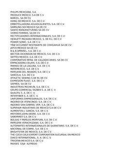 PHILIPS MEXICANA, S.A.
PRODUCE MEXICO, S.A DE C.V
BARCEL, SA DE CV
HONG HO MEXICO, S.A. DE C.V.
EMBOTELLADORA AGUASCALIENTES,