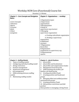 Workday HCM Core (Functional) Course list 
Duration: 2‐3 Weeks 
Chapter 1 – Core Concepts and Navigation 
Basics 
  
1.Core C
