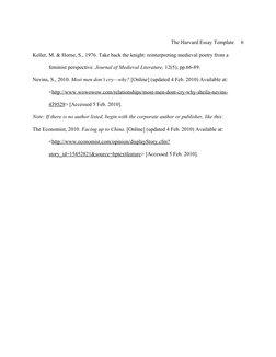 The Harvard Essay Template     6
Keller, M. & Horne, S., 1976. Take back the knight: reinterpreting medieval poetry from a 
f