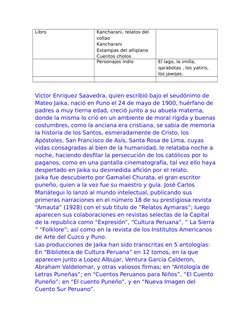 Libro
Kancharani, relatos del 
collao
Kancharani
Estampas del altiplano
Cuentos cholos
Personajes indio
El lago, la imilla,
