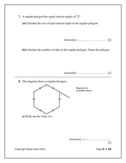 7. A regular polygon has equal exterior angles of 72°
(a)Calculate the size of each interior angle in the regular polygon 
An