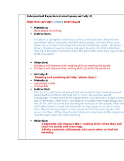 Independent Experience(small group activity 3)
High level activity: writing (individual)

Materials:
-
Work sheet for writin