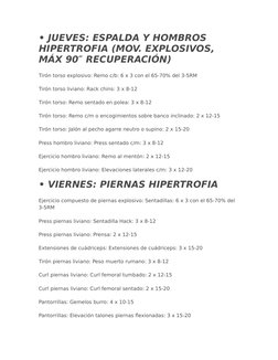 • JUEVES: ESPALDA Y HOMBROS 
HIPERTROFIA (MOV. EXPLOSIVOS, 
MÁX 90″ RECUPERACIÓN)
Tirón torso explosivo: Remo c/b: 6 x 3 con