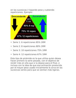 en las sucesivas ir bajando peso y subiendo 
repeticiones. Ejemplo:
•  Serie 1: 6 repeticiones 85% 1RM
•  Serie 2: 8 repetici