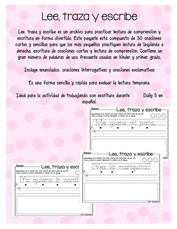 Lee, traza y escribe
Lee, traza y escribe es un archivo para practicar lectura de comprensión y 
escritura en forma divertida