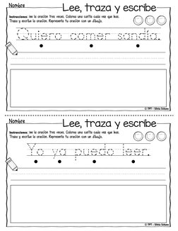 © TPT - Silvia Schavz
Quiero/comer/sandía.
/////////////////////
Nombre 
Lee, traza y escribe 
Instrucciones: lee la oración