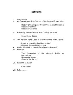 CONTENTS
I.
Introduction
II.
An Overview on The Concept of Hazing and Fraternities
History of Hazing and Fraternities in the