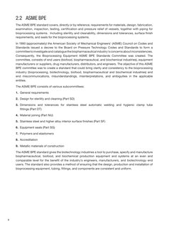 8
2.2	 ASME BPE
The ASME BPE standard covers, directly or by reference, requirements for materials, design, fabrication, 
exa
