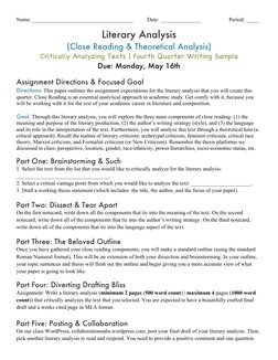 Name: _____________________________________ 
Date: _______________ 
 
Period: _____ 
 
Literary Analysis  
(Close Reading & T