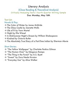 Literary Analysis  
(Close Reading & Theoretical Analysis) 
Critically Analyzing Texts | Fourth Quarter Writing Sample 
Due: