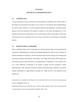 20 
CHAPTER 2 
HISTORY OF LEADERSHIP RESEARCH 
 
2.1. 
INTRODUCTION 
A large and growing volume of literature has been prod