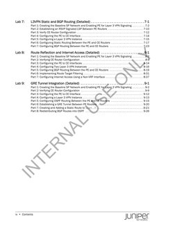 iv  •  Contents
Lab 7:
L3VPN Static and BGP Routing (Detailed) . . . . . . . . . . . . . . . . . . . . . . . . . . . . . . .
