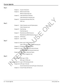 viii • Course Agenda
www.juniper.net
Course Agenda
Day 1
Chapter 1:
Course Introduction
Chapter 2:
MPLS Fundamentals
MPLS Fun