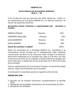 QUIPUX S.A.
Junta General de Accionistas Ordinaria
Acta n. ° 01
A los 15 días del mes de marzo del año 2016, siendo las  17H0