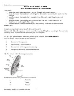 Student Name: ____________________________
GRADE 8 – MCAS LIFE SCIENCE
MULTIPLE CHOICE PRACTICE QUESTIONS
Strategies:

Under