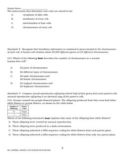 Student Name: ____________________________
The instructions that determine coat color are stored in the
A.
cytoplasm of skin